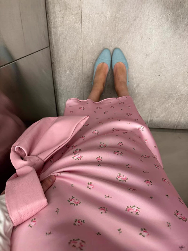 Pink Satin Midi Skirt with Subtle Print