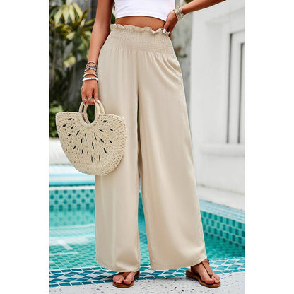 High Elastic Waist Wide Straight Leg Pockets Pants