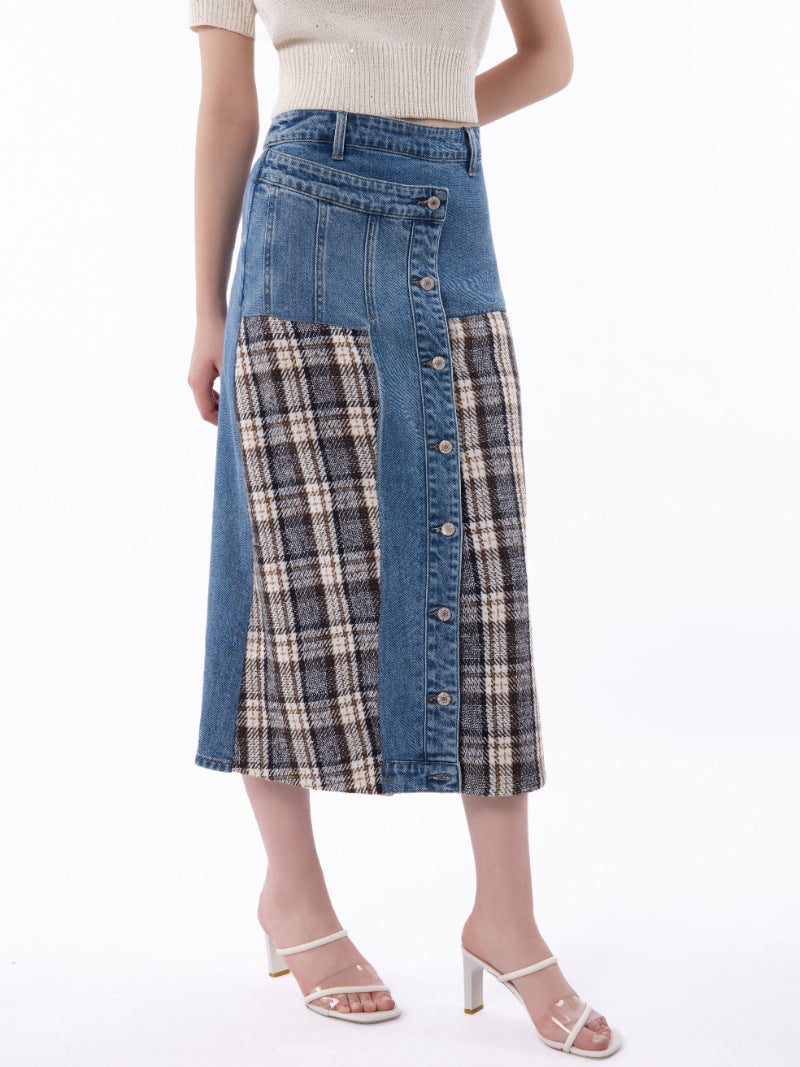 Plaid Panel Button Front Denim Midi Skirt