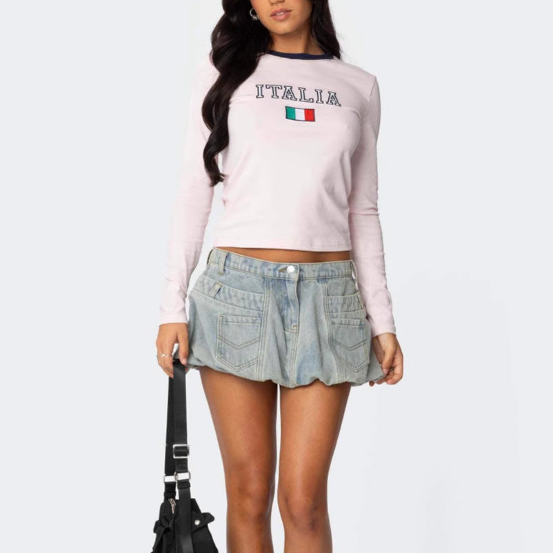 Pleated Low Rise Denim Mini Skirt