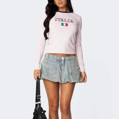 Pleated Low Rise Denim Mini Skirt