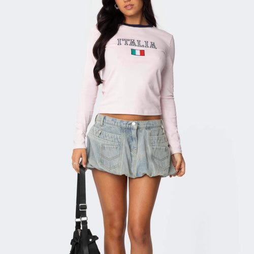 Pleated Low Rise Denim Mini Skirt