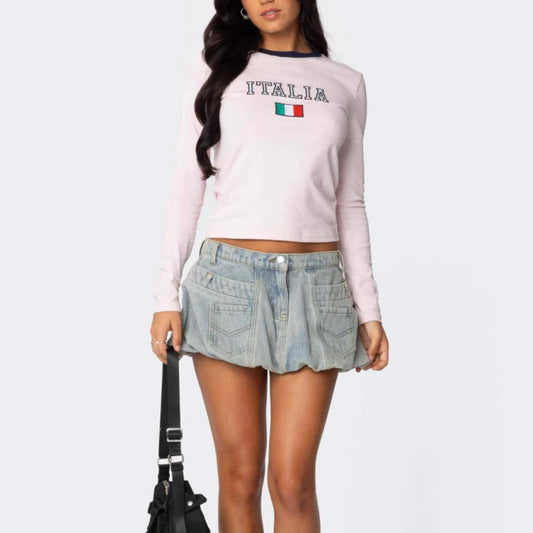 Pleated Low Rise Denim Mini Skirt