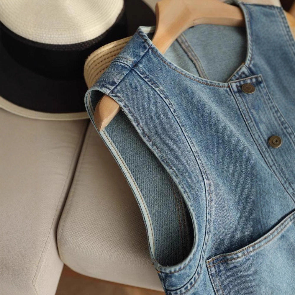 Denim Sleeveless Vest Jacket, Casual Layer Outfit