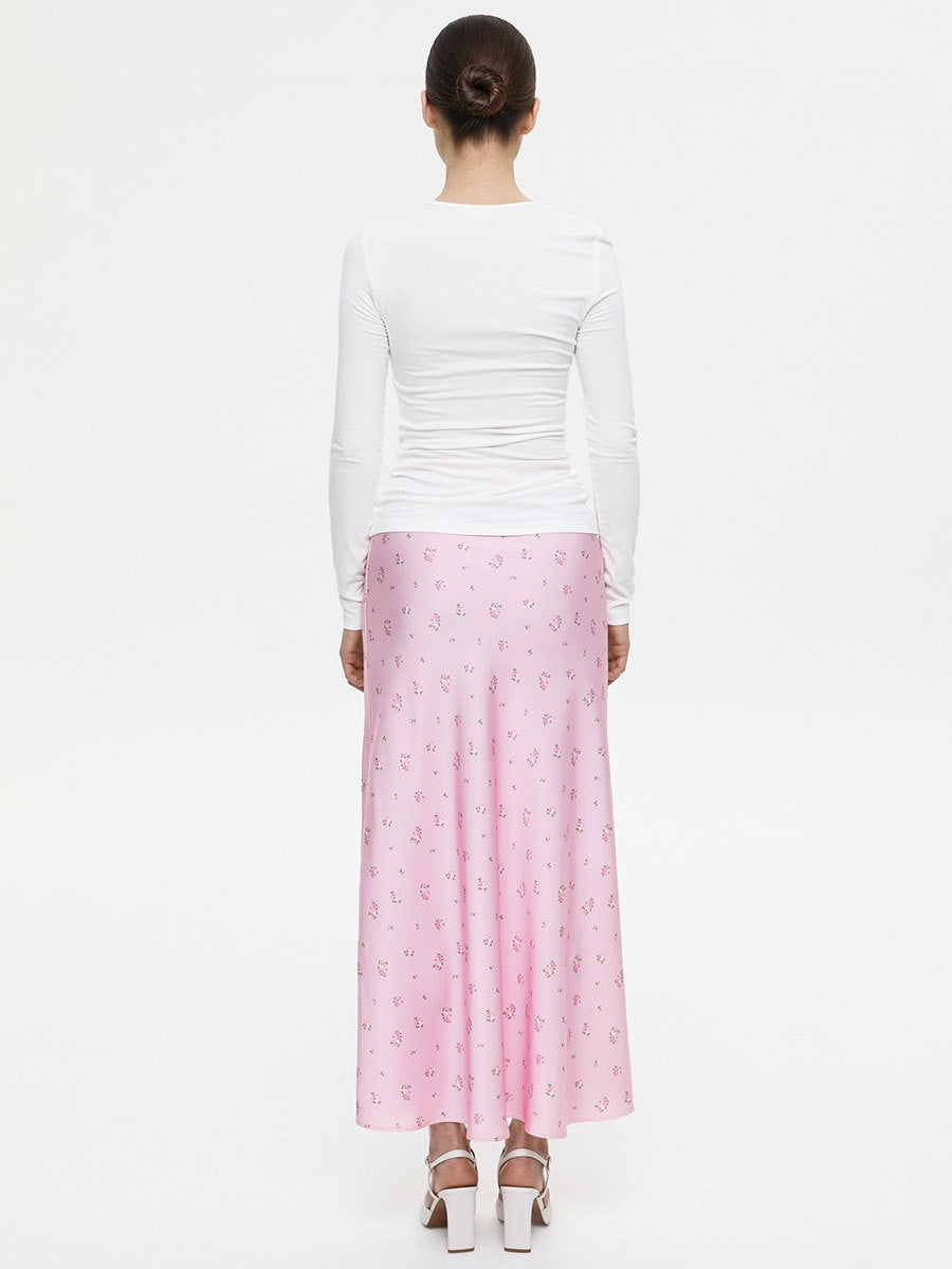 Pink Satin Midi Skirt with Subtle Print