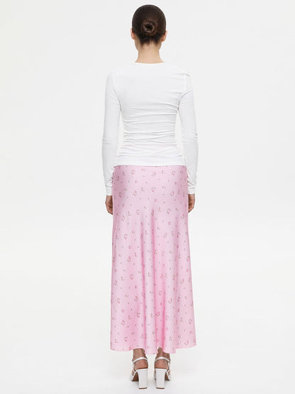 Pink Satin Midi Skirt with Subtle Print