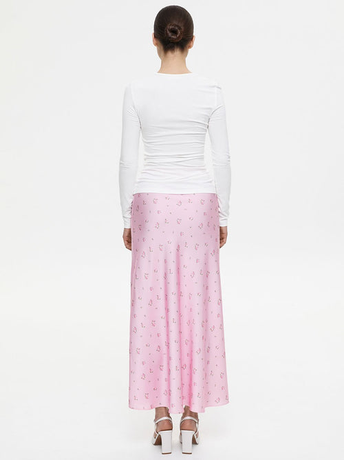 Pink Satin Midi Skirt with Subtle Print