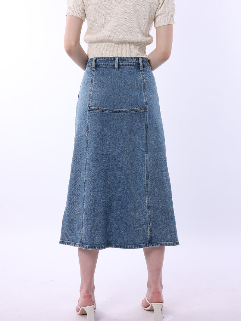 Plaid Panel Button Front Denim Midi Skirt