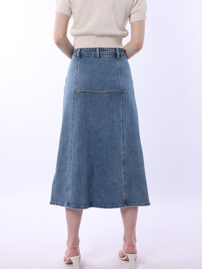 Plaid Panel Button Front Denim Midi Skirt