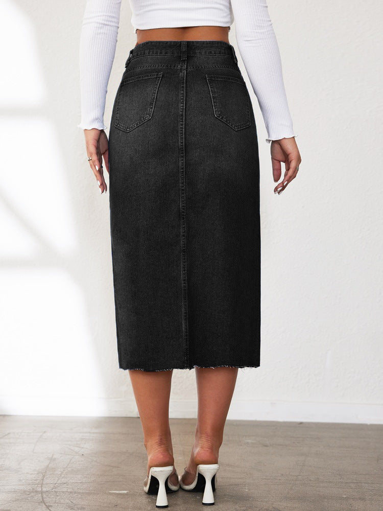 Front Slit High Waist Denim Midi Skirt