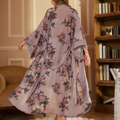 Floral Print Kimono Robe with Belt – Satin Lounge Wear