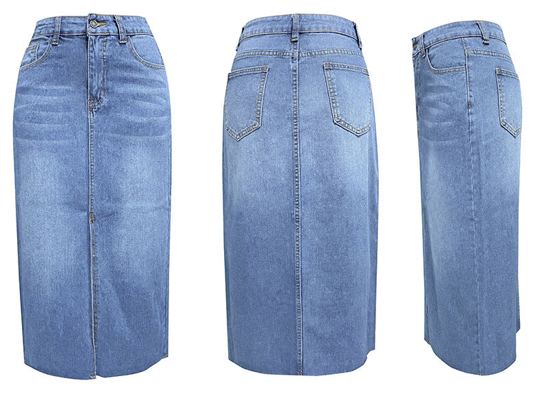 Front Slit High Waist Denim Midi Skirt