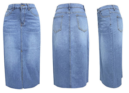 Front Slit High Waist Denim Midi Skirt