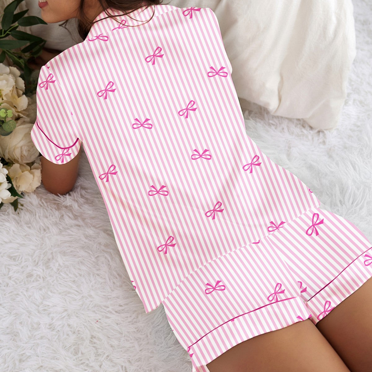 Pink Striped Bow-Print Short Pajama Set