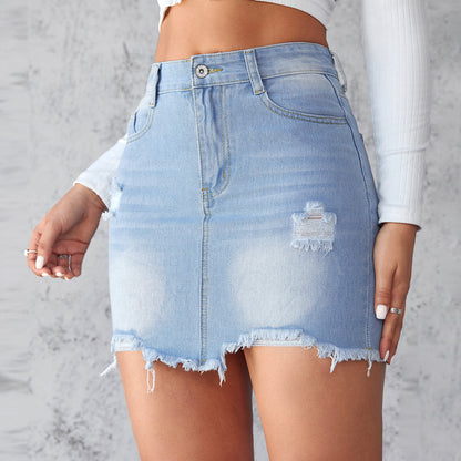 Distressed High Waist Denim Mini Skirt
