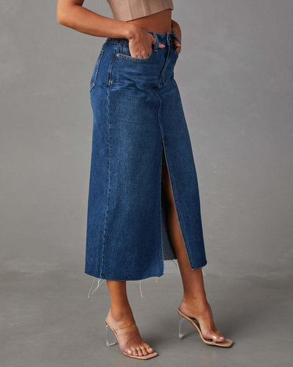 Front Slit High Waist Denim Midi Skirt