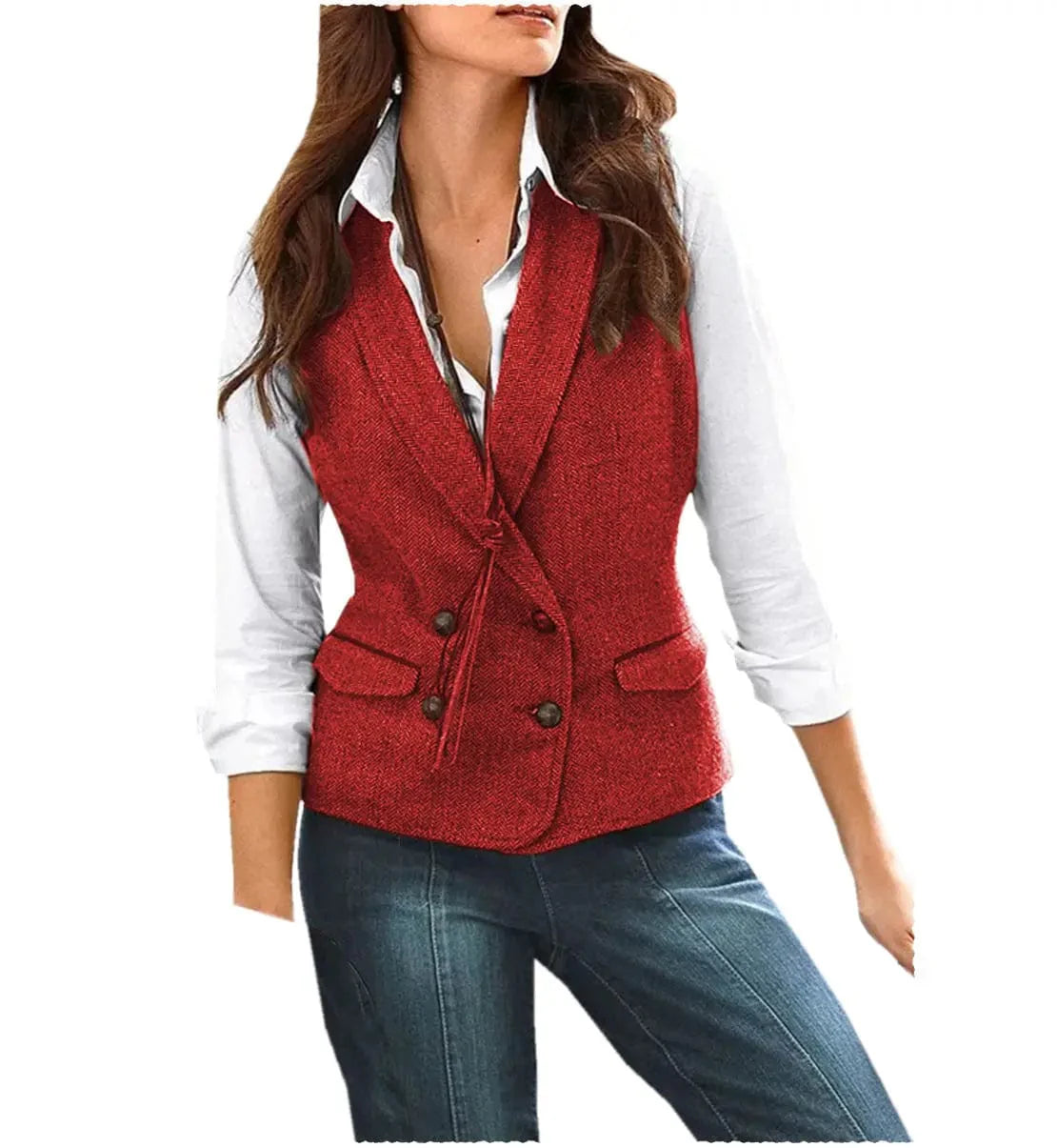 Casual Slim Fit Herringbone Shawl Lapel Women Waistcoat
