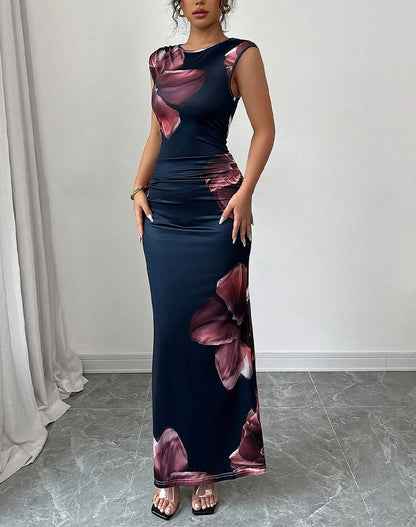 Sleeveless Bodycon Maxi Dress with Floral Print