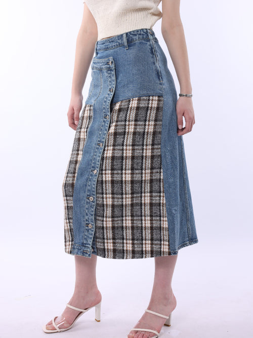 Plaid Panel Button Front Denim Midi Skirt