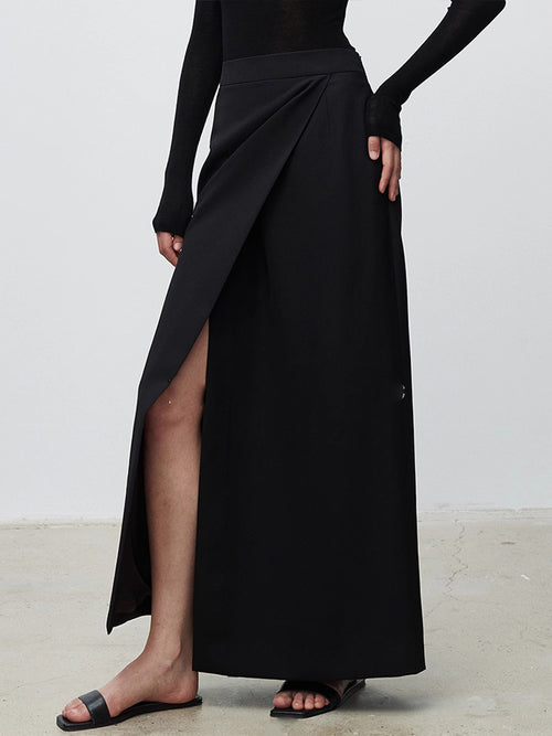High Waist Wrap Front Maxi Skirt with Slit