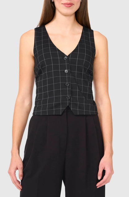 Black Plaid V Neck Casual Women Vest