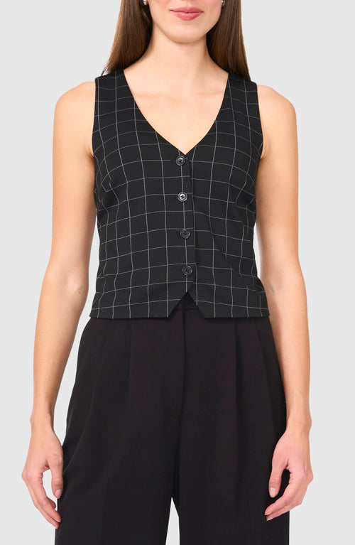 Black Plaid V Neck Casual Women Vest