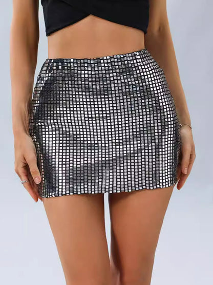 High Waist Metallic Sequin Mini Skirt