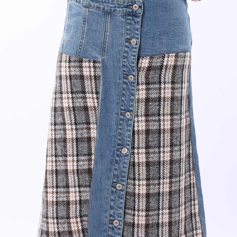 Plaid Panel Button Front Denim Midi Skirt