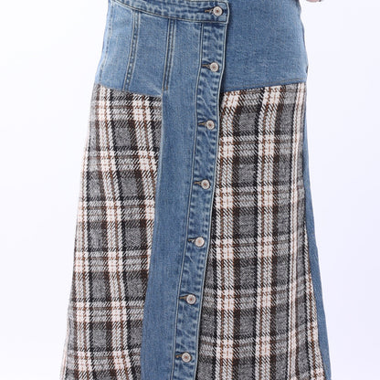 Plaid Panel Button Front Denim Midi Skirt