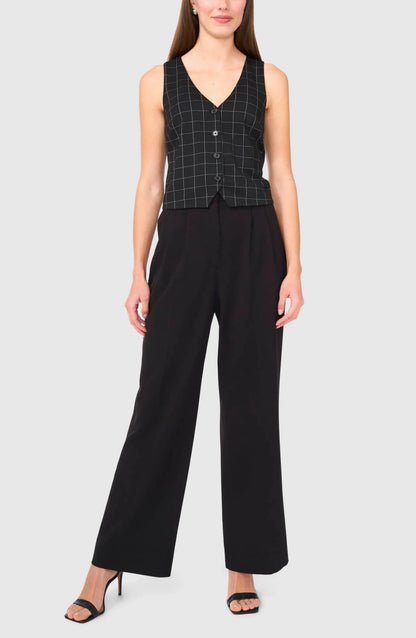 Black Plaid V Neck Casual Women Vest