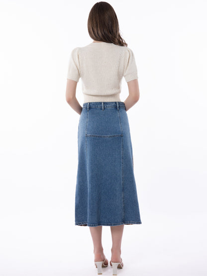 Plaid Panel Button Front Denim Midi Skirt