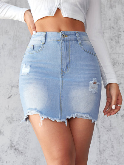 Distressed High Waist Denim Mini Skirt