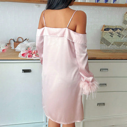 Feather-Cuff Satin Nightdress with Spaghetti Straps