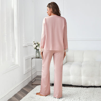 Women's Satin Long Sleeve Pajama Set with Lace Trim