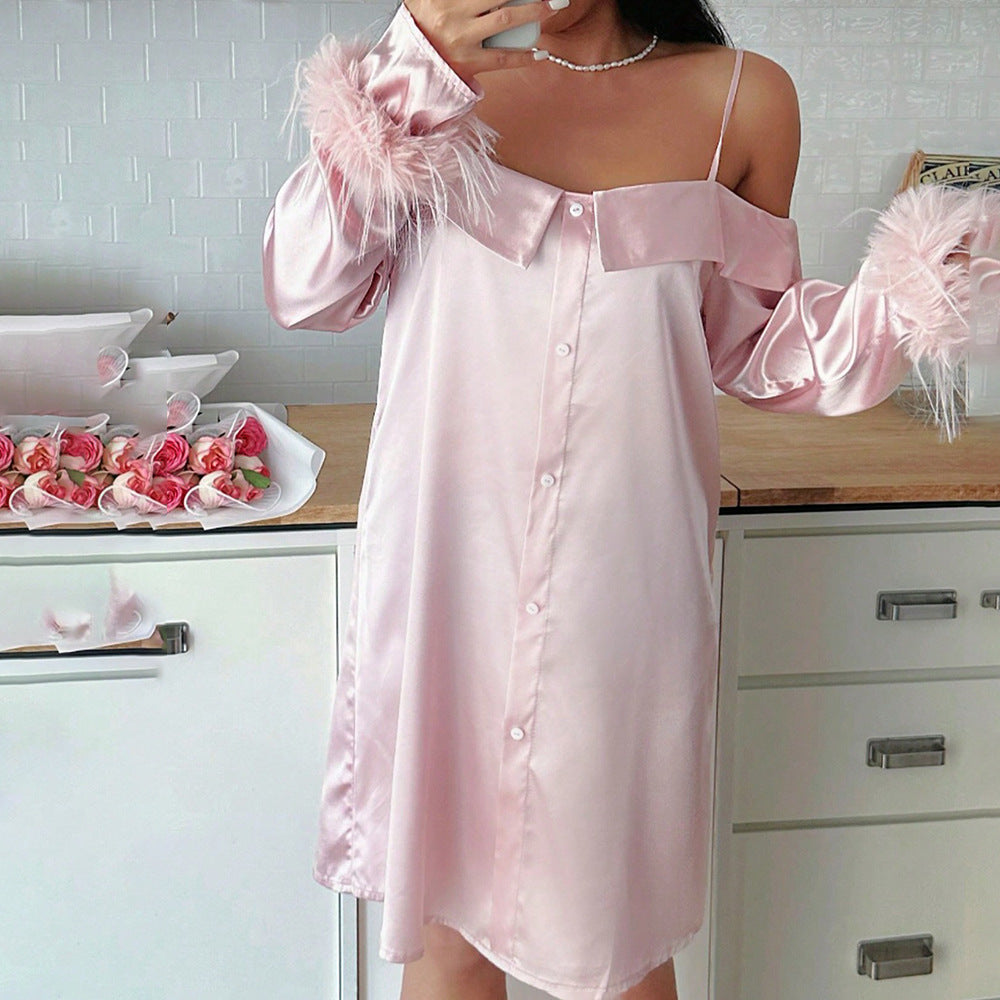 Feather-Cuff Satin Nightdress with Spaghetti Straps
