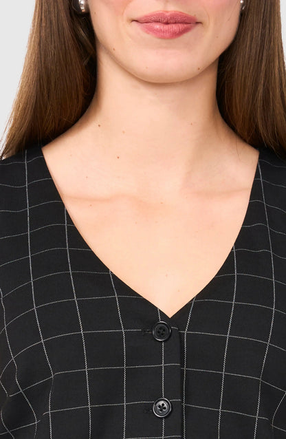 Black Plaid V Neck Casual Women Vest