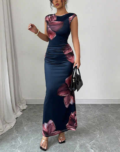 Sleeveless Bodycon Maxi Dress with Floral Print
