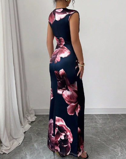 Sleeveless Bodycon Maxi Dress with Floral Print