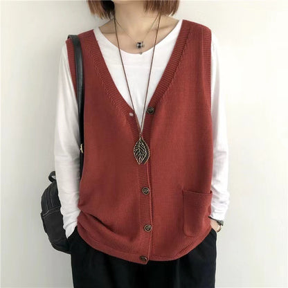 Vintage V-Neck Knit Vest, Loose Casual Fit
