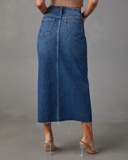Front Slit High Waist Denim Midi Skirt