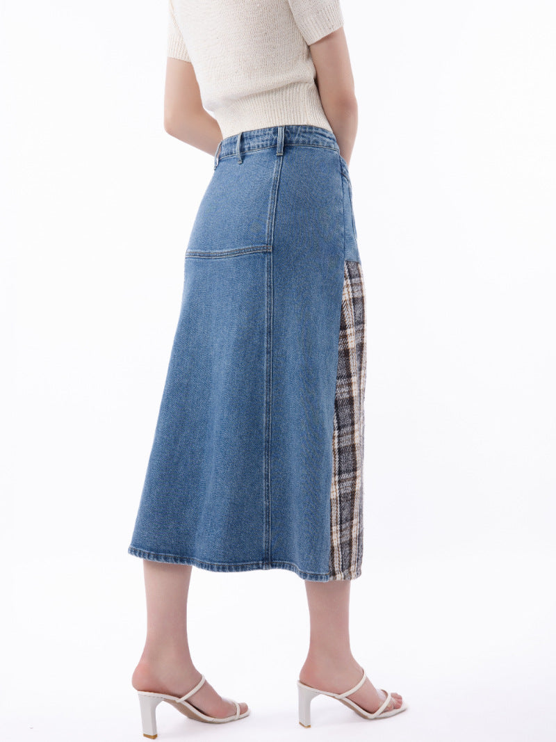 Plaid Panel Button Front Denim Midi Skirt