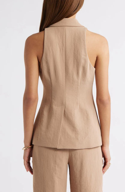 Brown Double Buttons Peak Lapel Women Vest