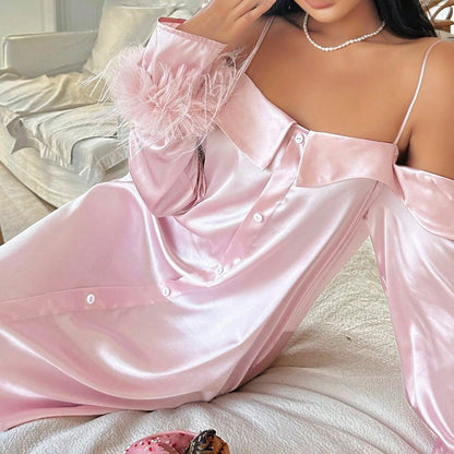 Feather-Cuff Satin Nightdress with Spaghetti Straps