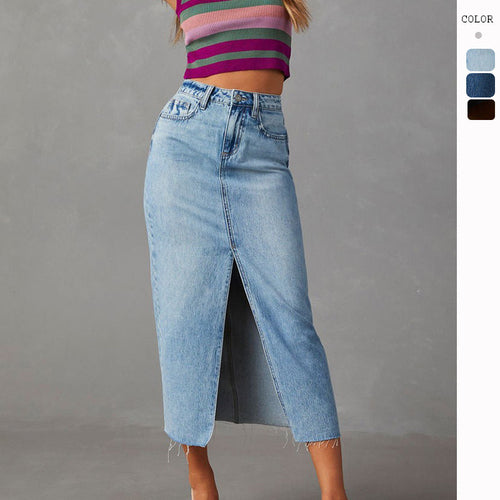 Front Slit High Waist Denim Midi Skirt
