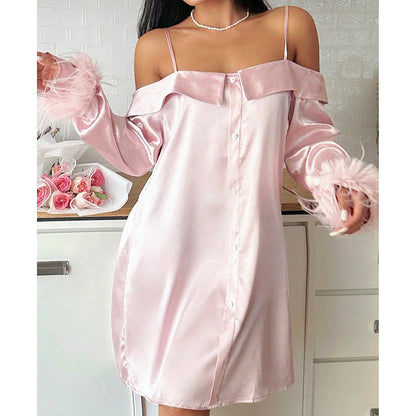 Feather-Cuff Satin Nightdress with Spaghetti Straps