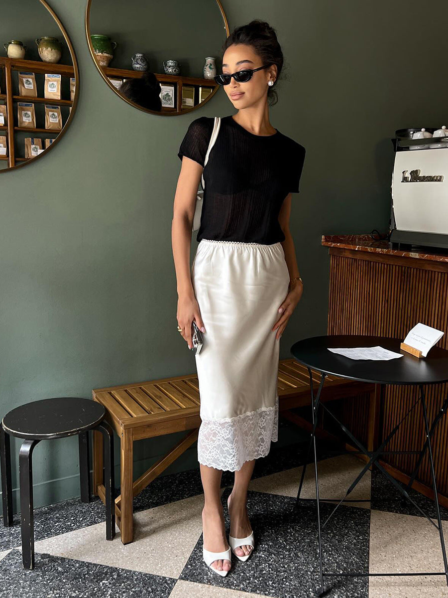 Satin Midi Skirt with Lace Hem