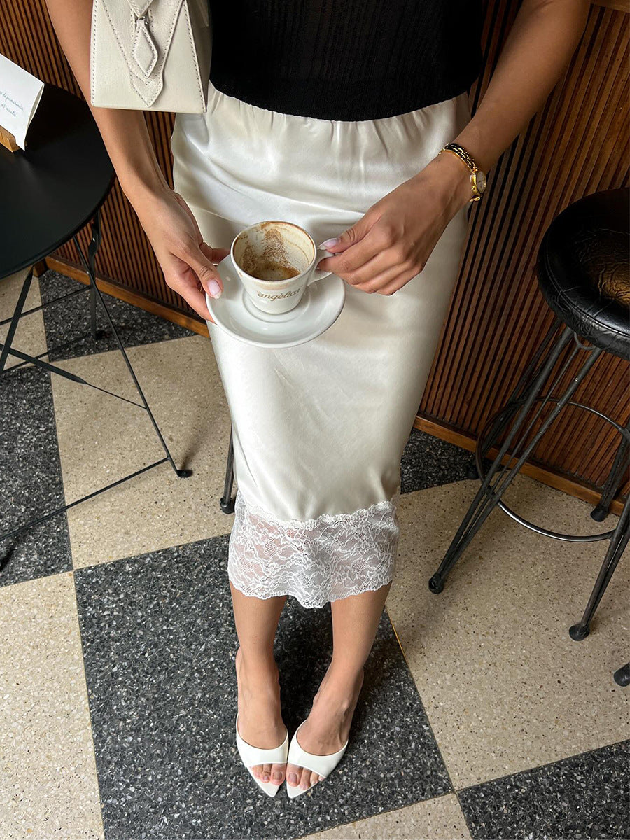Satin Midi Skirt with Lace Hem