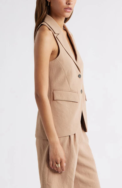 Brown Double Buttons Peak Lapel Women Vest