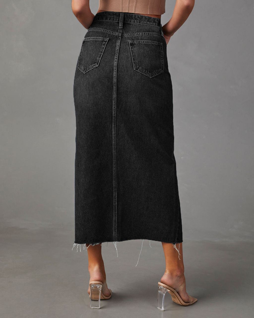 Front Slit High Waist Denim Midi Skirt
