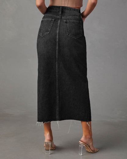 Front Slit High Waist Denim Midi Skirt